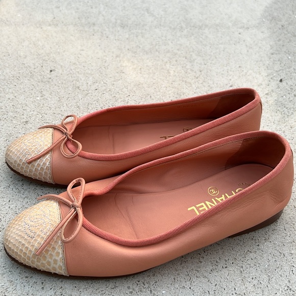 Chanel pink leather interlocking CC bow tie lambskin ballet flats cap round toes - Picture 5 of 6